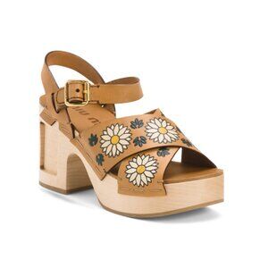 MIU MIU Italy Leather Painted Flowers Wooden Heeled Sandals